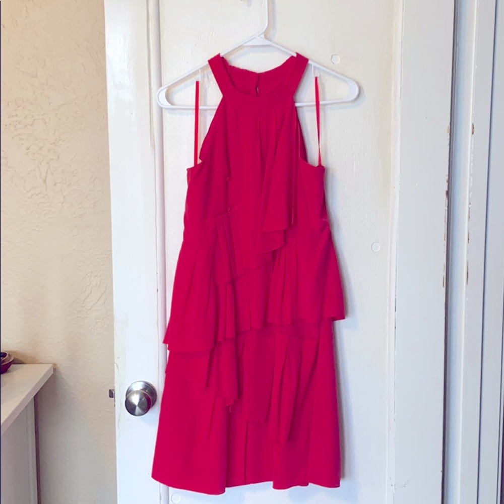 BCBG fuchsia pink silk ruffle party dress